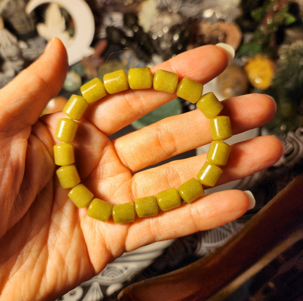 Olive Green Jade Barrel Bracelet (Size 6.5)